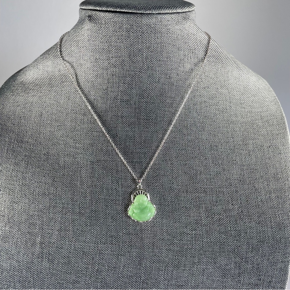 Green Jade Happy Buddha Pendant Necklace | 925 Sterling Silver | 18” Chain